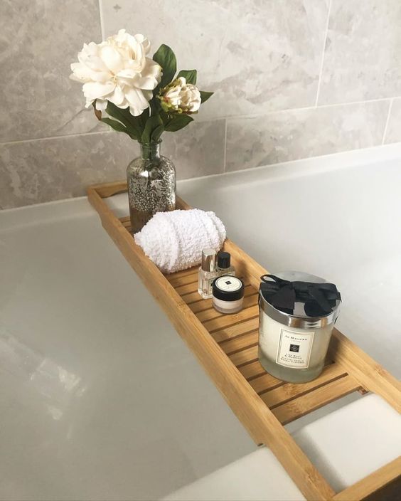 Wooden tray for spa-like bathroom