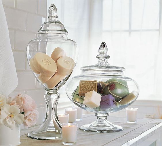Apothecary containers for spa-like bathroom