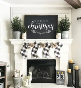 Black and white decorated Christmas mantle