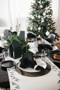Black and white Christmas table setting
