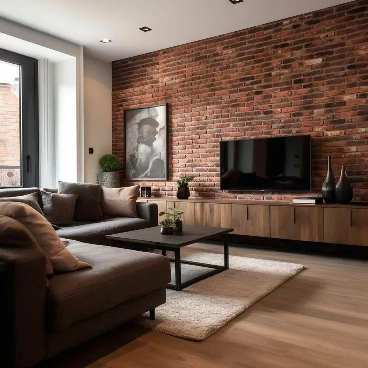 Living room with brick wall