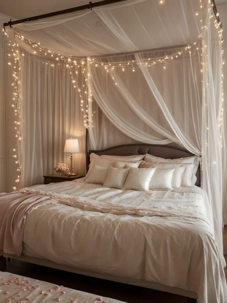 Fairy lights hanged around the bed