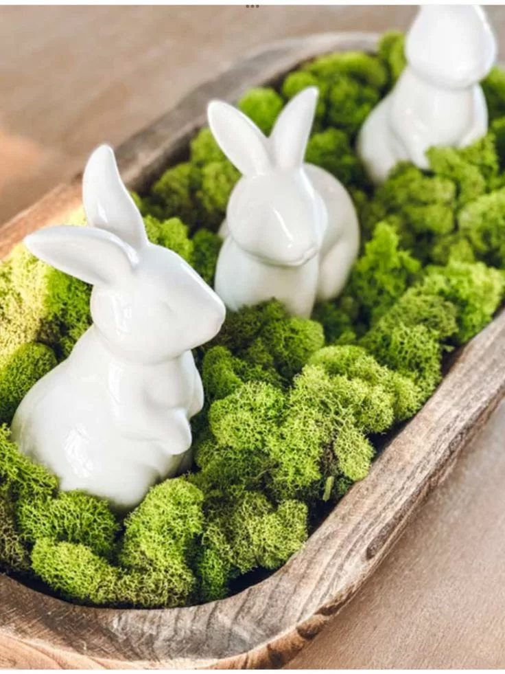Ceramic bunnies with fake moss