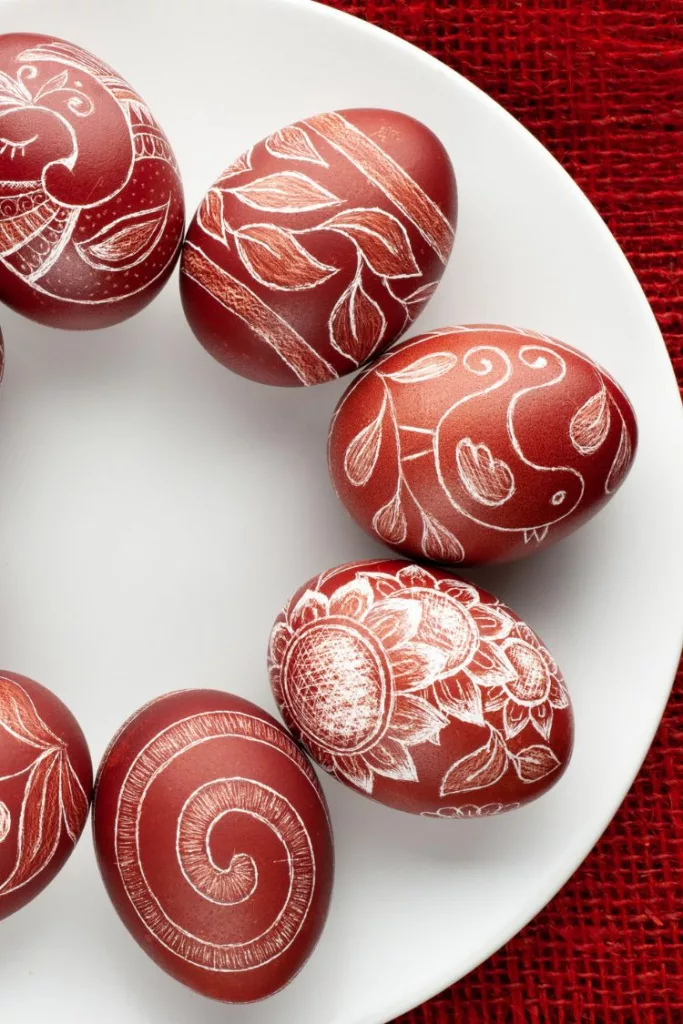 Easter eggs decorated using wax resist technique
