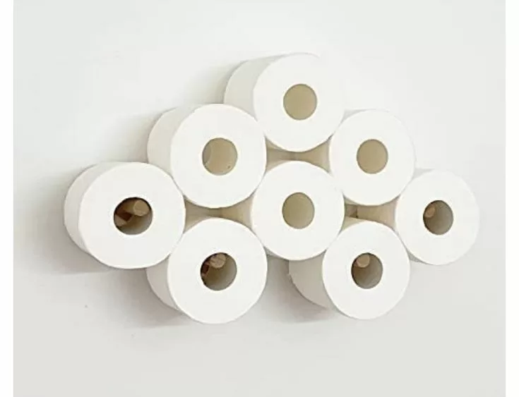 Toilet paper rolls hanging on hooks creating wave