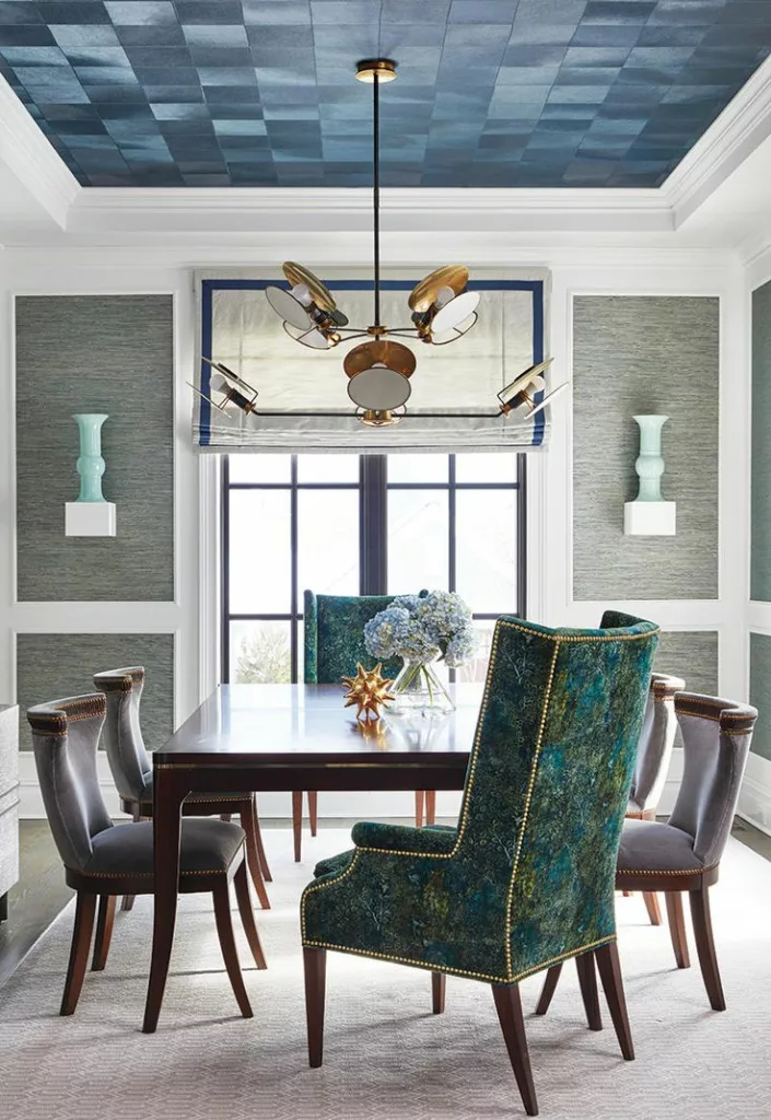Wallpapered ceiling in dining room
