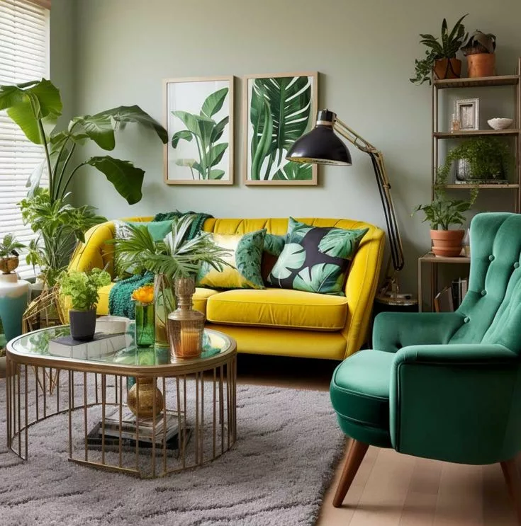 Sage green and mustard yellow living room